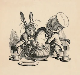 Der verrückte Hutmacher und der März-Hase versuchen, das Murmeltier in eine Teekanne zu stecken, 1889