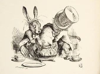 Der verrückte Hutmacher und der März-Hase stecken die Schlafmaus in die Teekanne, aus Alice im Wunderland von Lewis Carroll, veröffentlicht 1891