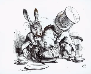 Der verrückte Hutmacher und der März-Hase stecken die Schlafmaus in die Teekanne, Illustration aus 