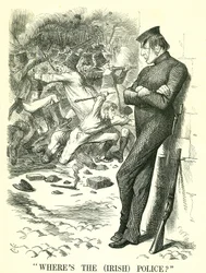 Wo ist die (irische) Polizei?: William Gladstone, britischer Premierminister, beobachtet die Unruhen in Irland und wartet darauf, einzugreifen. Im April wurde ein neues irisches Friedenssicherungsgesetz vom Parlament verabschiedet. John Tenniel Karikatur a