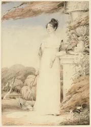 Porträt von Ann Miles, später Mrs. John Sell Cotman, ganzfigurig, ihre rechte Hand hält einen Sonnenschirm, ihr linker Arm ruht auf einem Sockel, 1805