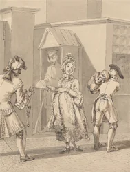 Hogarth trägt das kranke Kind seines Meisters um Leicester Fields. Der Boden von Leicester House.