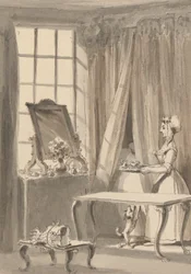 Hogarth hat Frühstück gemacht und schickt seiner Frau eine Tasse, während er gleichzeitig den kleinen Hund in ihr Schlafzimmer lässt