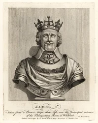 König James I. von England, entnommen von einer Bronzebüste über dem Eingang des Bankettsaals in Whitehall