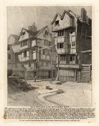 Alte Häuser in der Butcher Row, London. Das Eckhaus auf der rechten Seite an der St Clement