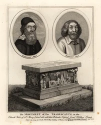 Ovale Porträts der Naturforscher und Sammler John Tradescant der Ältere und Jüngere und ihr Grabdenkmal im Kirchhof von St. Mary Lambeth