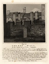 Teil der alten Londoner Mauer im Kirchhof von St Giles, Cripplegate, London