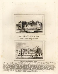 Das Savoy Hospital im Jahr 1650 nach einem Druck von Wenceslaus Hollar und in Ruinen im Jahr 1792