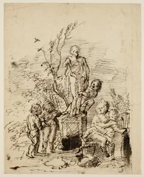 Kinder spielen in der Nähe einer Statue im Garten