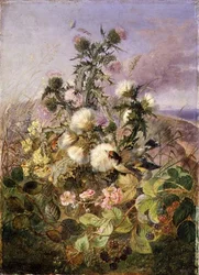 Ein Stieglitz und ein Schmetterling zwischen Disteln und Brombeerblüten