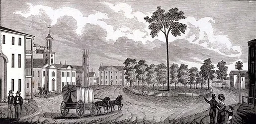 Zentraler Teil von Pittsfield, Massachusetts, aus Historische Sammlungen von Massachusetts, von John Warner Barber, graviert von S. E. Brown, 1839