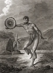 Eine tätowierte Tänzerin in traditioneller Kostüm, Hawaii, 1778