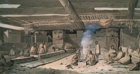 Innenraum eines Nootka-Indianerhauses, Zeichnung