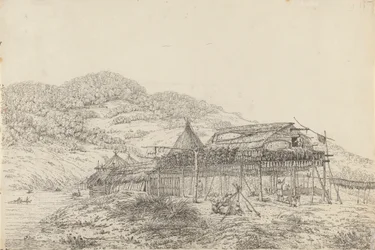 Die Balagans oder Sommerbehausungen, mit der Methode des Fischtrocknens, in St. Peter und Paul, Kamtschatka