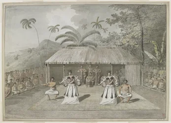 [Gesamte Zeichnung] Ein Tanz oder Heiva auf Otaheite [Tahiti]. Zwei Männer und zwei Frauen tanzen, mit Trommlern dahinter und Zuschauern auf beiden Seiten. September 1777