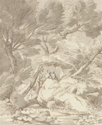 Figuren an einem felsigen Flussufer in Canonteign, Devon