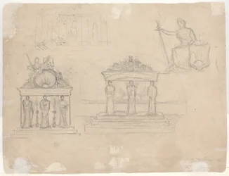 Studien von klassischen Tempelfassaden und sitzender weiblicher Figur [verso]