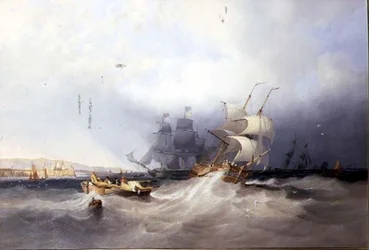 Eine niederländische Brigg auf einem Hafen und andere Schiffe vor einem Ostküstenhafen