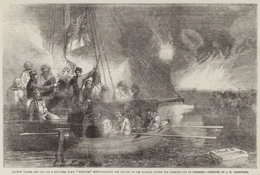 Kapitän Glasse und sein Chefingenieur, HMS Vulture, beaufsichtigen die Reparaturen der Mörser während der Bombardierung von Sveaborg