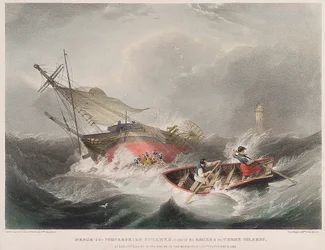 Das Sinken des Dampfschiffs Forfarshire auf den Felsen der Farne-Inseln (England), wie es bei Sonnenaufgang am 7. September erschien