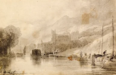 Flusslandschaft mit Lastkähnen und Burgruine