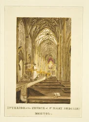 Blick auf das Mittelschiff von St. Mary Redcliffe, nach Osten, mit dem Hogarth-Altarbild, ca. 1824