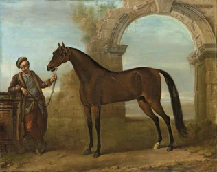 Der Godolphin Araber, gehalten von einem Stallburschen, in einer Landschaft mit einer Ruinenbogen, 1731