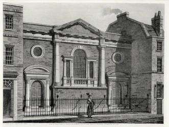 Kirche von St. Alphage, radiert von J. Skelton für die Architekturreihen der Londoner Kirchen, veröffentlicht von J. Booth, 1814