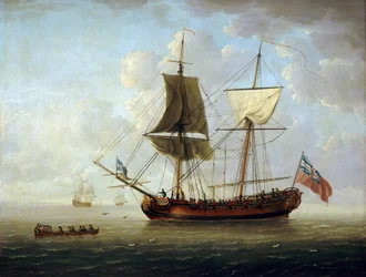 Eine britische Brigg, die die rote Flagge und den Union Jack trägt, vor der Küste in ruhiger See