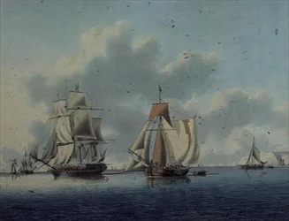 Fregatte und niederländische Fischerboote vor der Isle of Wight