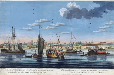 Ansicht der königlichen Docks in Woolwich, am linken Ufer der Themse (England), in der Grafschaft Kent. Farbradierung von John Clevely dem Jüngeren (1747-1786)