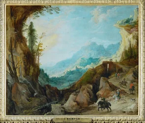 Berglandschaft mit einer Brücke und vier Reitern