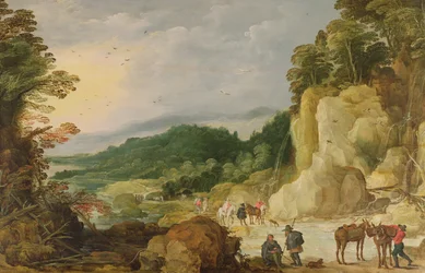 Berglandschaft mit Wasserfall und Reisenden an einer Furt