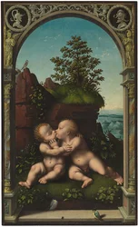 Das Jesuskind und Johannes der Täufer als Kinder, die sich in einer Landschaft umarmen, umgeben von einem klassischen Torbogen