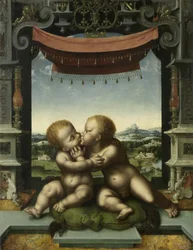 Die Kinder Christus und Johannes der Täufer umarmen sich