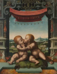 Das Jesuskind und der heilige Johannes der Täufer in Umarmung