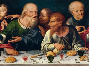 Das letzte Abendmahl, Judas und die anderen Apostel, Joos van Cleve (1485-1540 ca), Altarbild aus der Kirche der Frati Minori in Genua, Italien