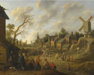Eine breite Straße durch ein Dorf mit zahlreichen Figuren und einer Windmühle