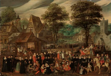 Dorffest mit elegant gekleideten Figuren in Prozession, ein Fluss und Turm im Hintergrund