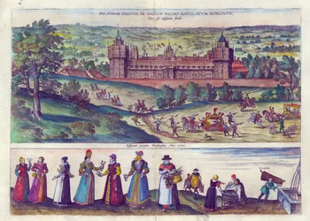 Ankunft von Königin Elizabeth I. im Nonesuch Palace und Männer und Frauen aus der Tudor-Gesellschaft, 1598