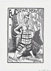 Ein Clown steht mit einer Hand in der Hüfte und ein Elefant lugt dahinter hervor, ca. 1880-1910