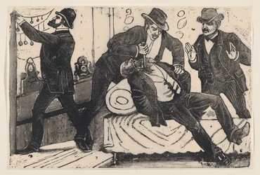 Ein Mann sticht einem anderen Mann in die Brust, während seine Komplizen ein Geschäft plündern, ca. 1890-1891