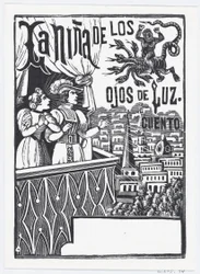 Eine Frau und ein Mann stehen auf einem Balkon und schauen zu einem fliegenden Monster am Himmel..., ca. 1880-1910