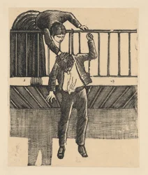 Eine Frau entdeckt einen Mann, der Suizid begangen hat, indem er sich von einem Bal... erhängte, ca. 1900-1910.