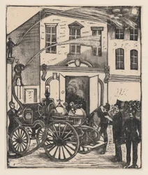Feuerwehrleute löschen ein Feuer in einem Haus, Feuerwehrauto im Vordergrund, ca. 1880-1910