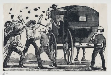 Männer kämpfen in der Nähe eines Pferdes und einer Kutsche, ca. 1900-1910