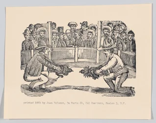 Zwei Männer in einer Arena, die zur Vorbereitung auf einen Kampf Hähne halten, spe..., ca. 1890-1910, nachgedruckt 1964.