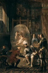 Kaiser Karl V. hebt den Pinsel des Malers Tiziano Vecellio auf, genannt Tizian, Hofmaler des Kaisers. Gemälde von Jose Felipe Parra (1824-1864) 19. Jahrhundert
