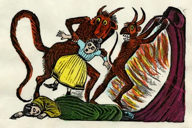 José Guadalupe Posada (1852 - 1913). Josephina Lora wird von einem Teufel in die Hölle gezogen. Aquarellierte Xylographie, Mexiko