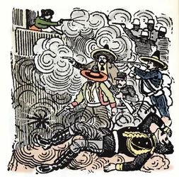 Die mexikanische Revolution (1910-1920): Angriff auf das Haus von Aquiles Serdan (1876-1910). Xylographie von Jose Guadalupe Posada (1852-1913).